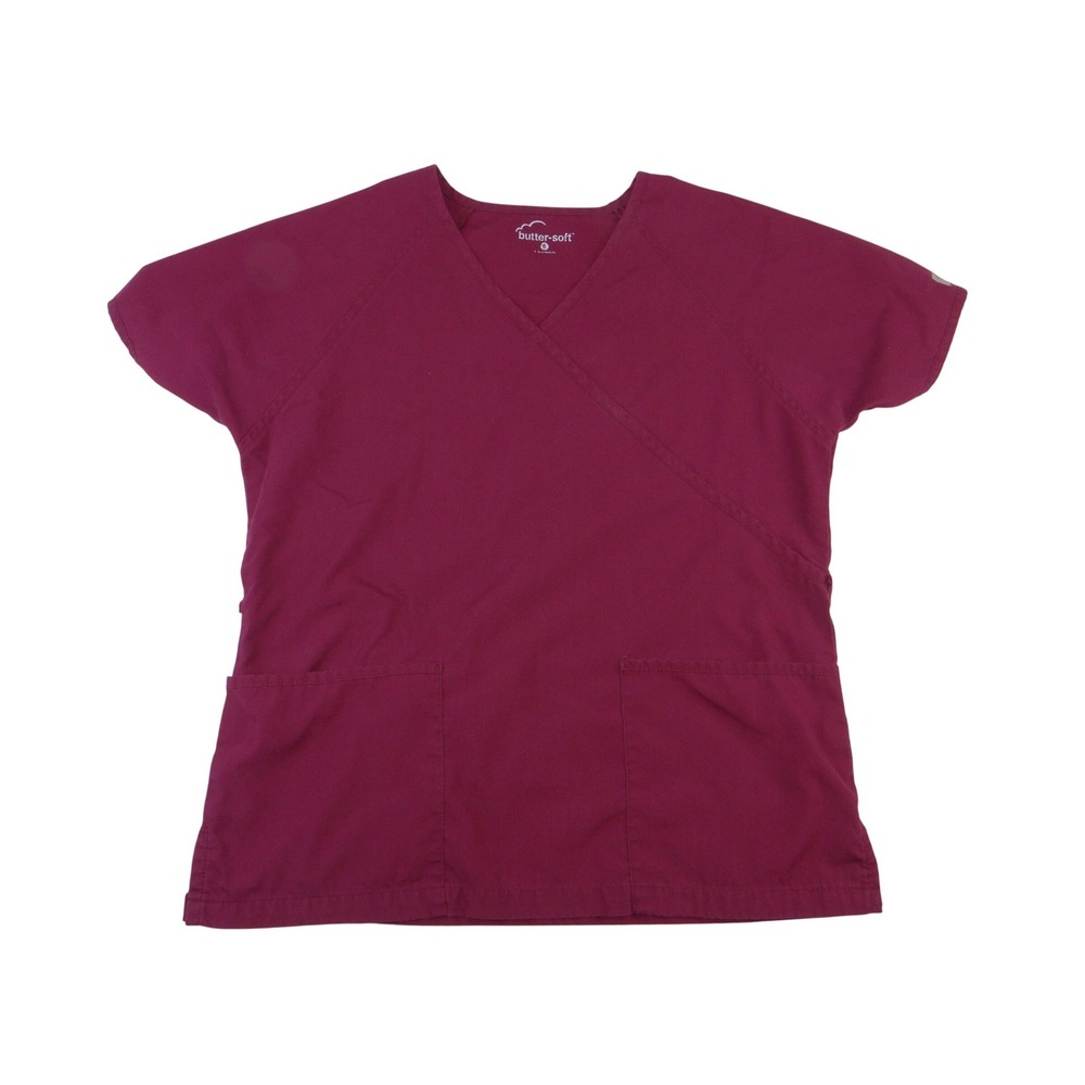 Butter-Soft Scrub Top‎ Womens Small Burgundy V-Neck Short Sleeve Raglan Pockets